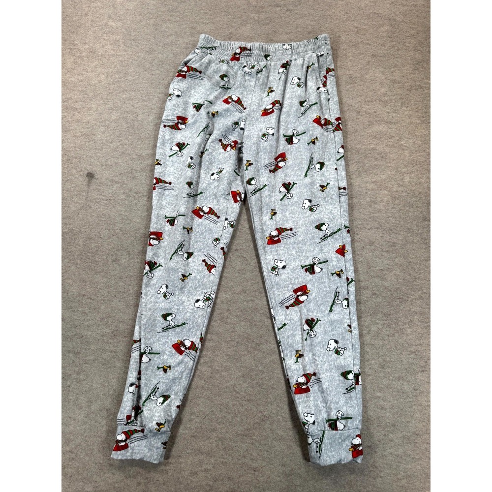 Peanuts Snoopy Skiing Pajama Pants Womens M Gray Fleece Lined Stretch High Rise
